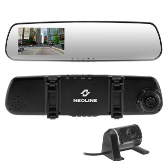 Neoline DWN-25 Видеорегистратор встроенный в зеркало с выносной камерой и парковочными линиями, запись осуществляется с двух камер, в HD разрешении 1280x720p и 2-я камера 720x480p, оснащен большим дисплеем 4,3" для просмотра видео одновременно с обеих камер, имеет все основные функции видеорегистратора G-sensor, датчик движения, циклическая запись, поддержка карт памяти microSD до 32 GB.