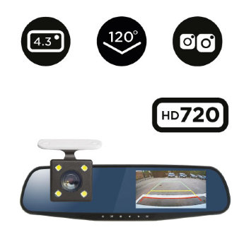 Stealth DVR ST 120  2-ух камерный автомобильный видеорегистратор встроенный в зеркало заднего вида с подключением выносной камеры, передняя камера записывают с разрешением 1280x720p HD и скоростью 30 кад./с, задняя камера 720x480p VGA, угол обзора 120° с видимостью всех полос движения