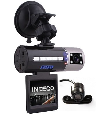 INTEGO VX-306 DUAL  новинка от INTEGO с 2-мя камерами, видео регистратор с поворотной на 360 фронтальной камерой в салон, разрешением HD 1280x720p и выносной камерой разрешением 720x480p, с углом обзора 130 и 90 соответственно, имеет съемный 2" дисплей, G-сенсор, датчик движения, циклическая запись 1,3, 5 минутные ролики, соединительный кабель между камерами 6 м, поворотное крепление на присоске, знак качества РСТ